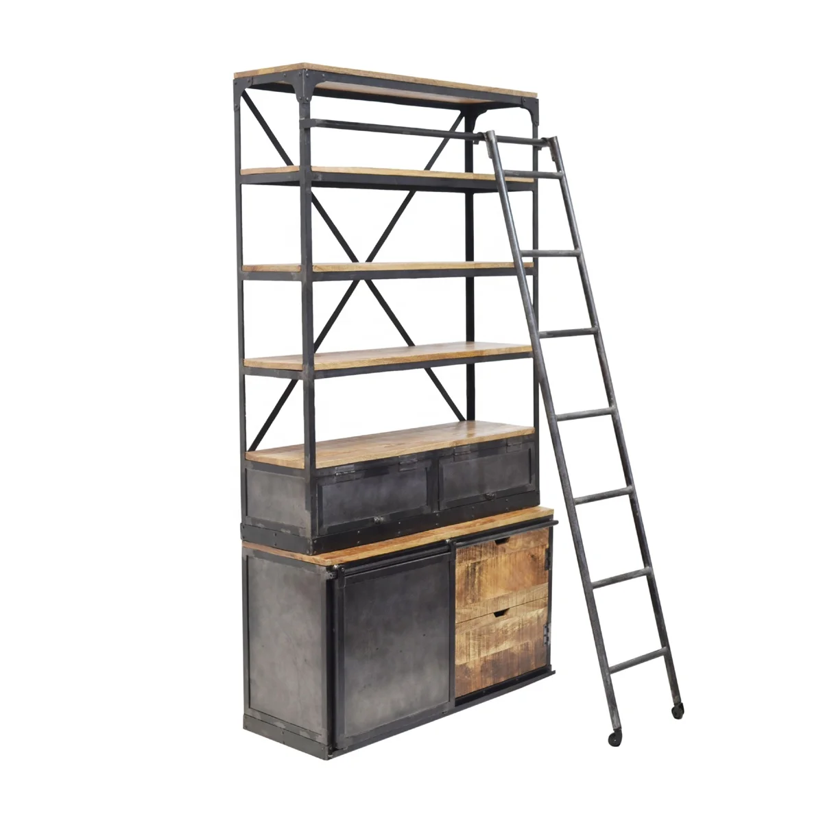 Best Selling Industrial Design Loft Style Wooden Shelf Bookcase Cabinet with Drawers Storage and High Ladder for Home