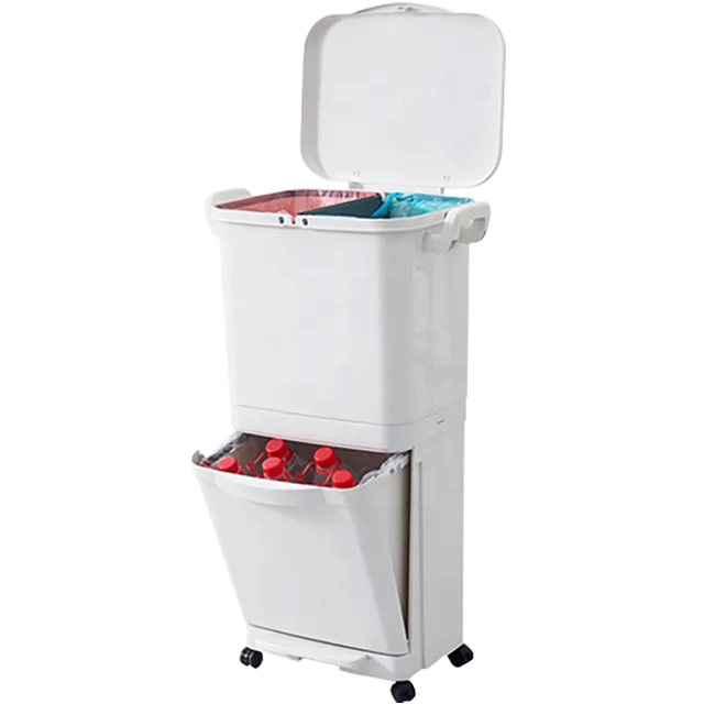 Double-layer Rectangular Dustbin Plastic Wheeled Recycle Waste Bin Trash Can with Lid
