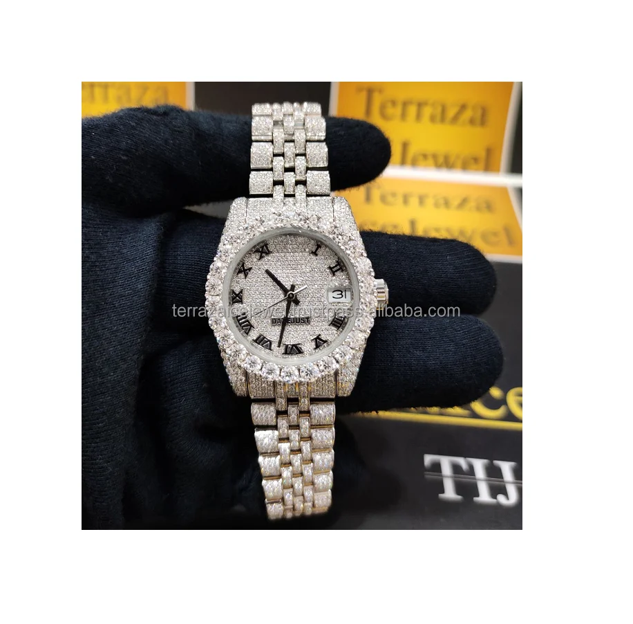 Latest Trending Design Big Dial Customize Diamond Vvs Moissanite Watch Iced Out Hiphop Stainless Steel Mechanical Gia For Men