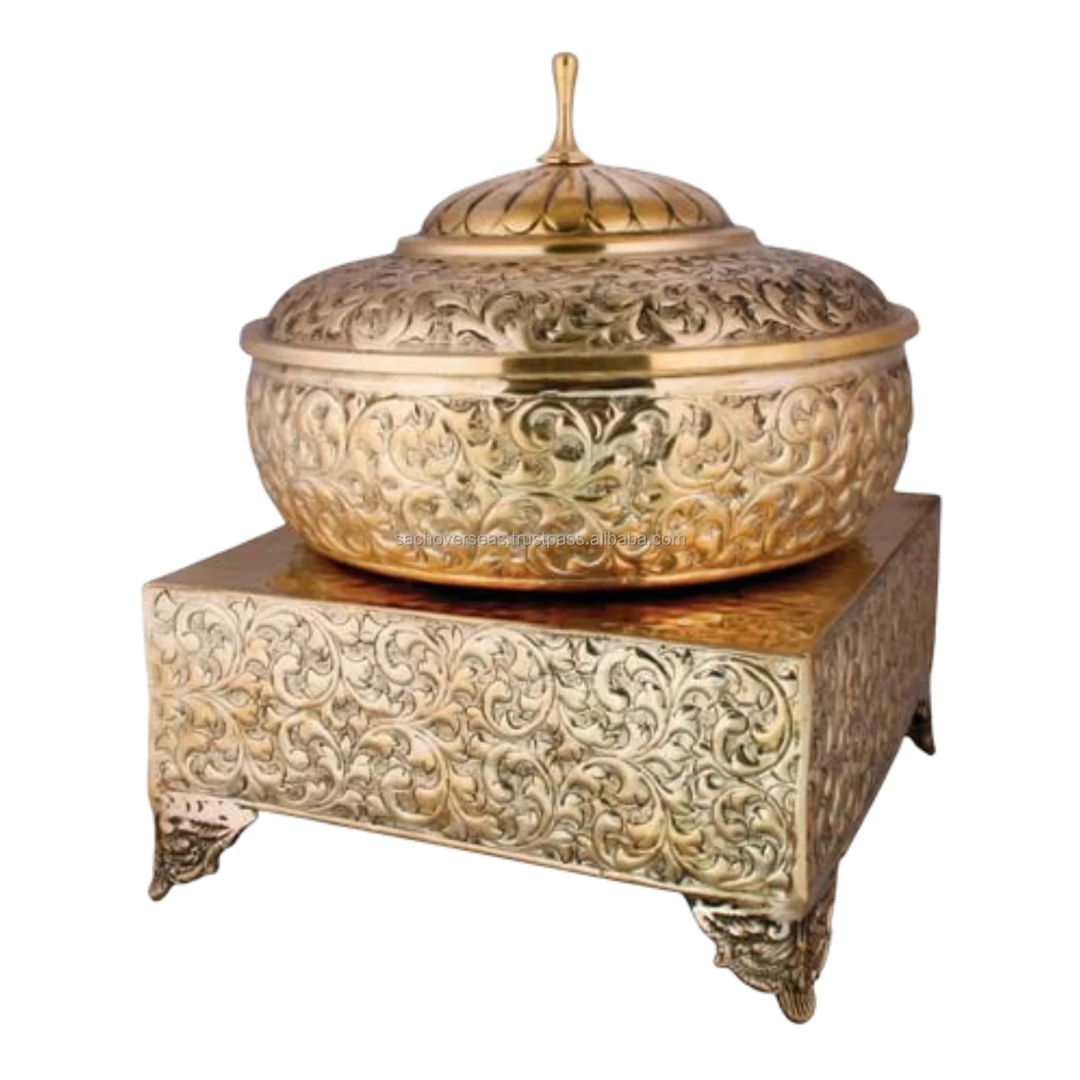 Traditional Spherical Shaped Floral Carving Design Metal Chafing Dish with Brass Designer Handle For Buffet Hot Food Warmer
