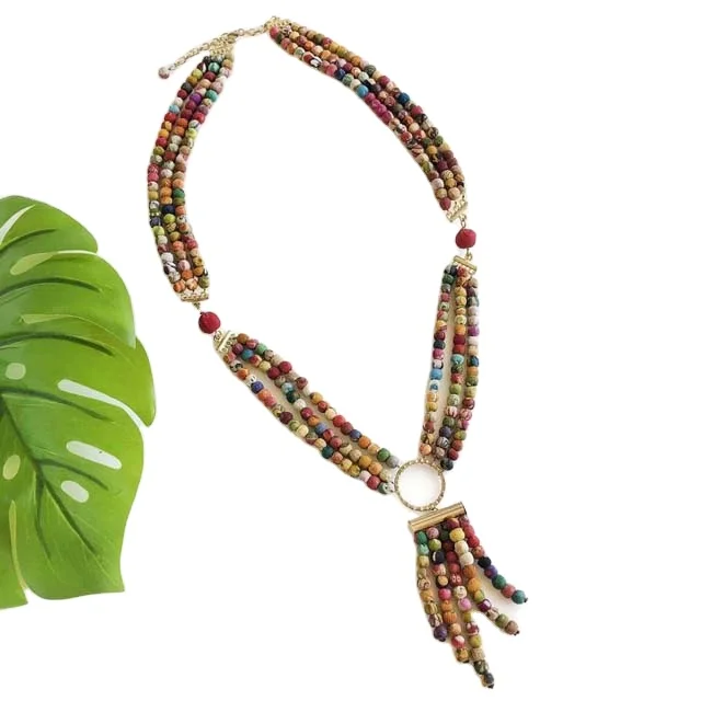 Kantha Fabric Beads Multicolored Tassels Long Fashion Necklace