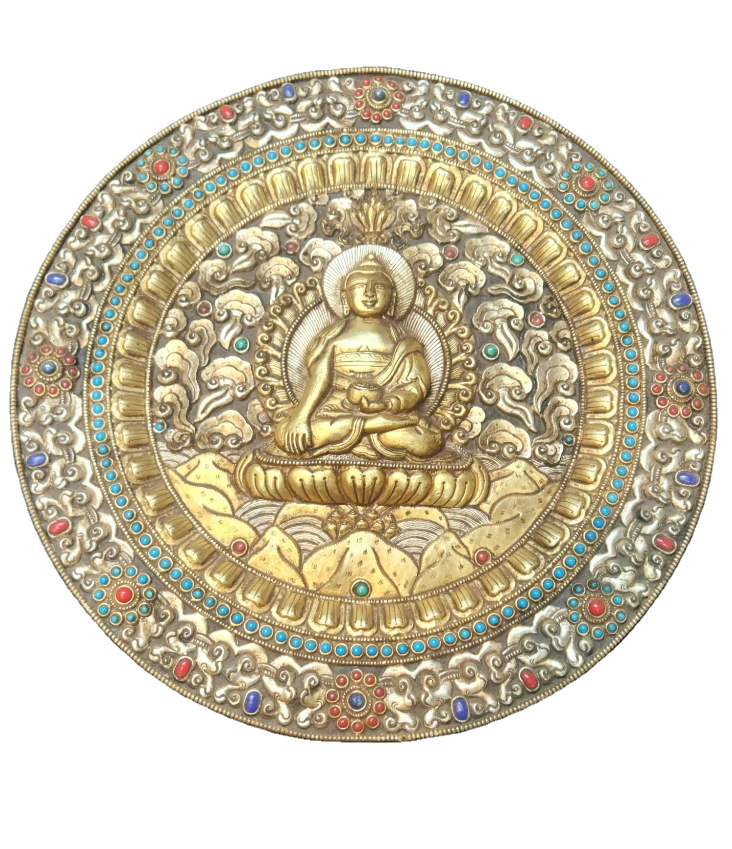 High Quality NP Art Metal Sculpture Natural Coral Turquoise Studded Mandala Buddhism Copper Buddha Engraving Collectible India