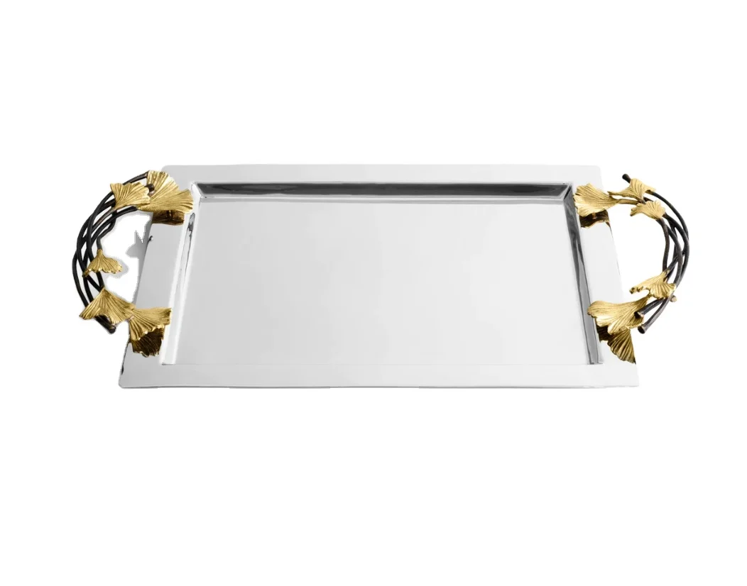 Luxury Stainless Steel Rectangle Tray Large Tray Golden Collection Natural and Oxisidised Brass stems and Leaves Delicate Design