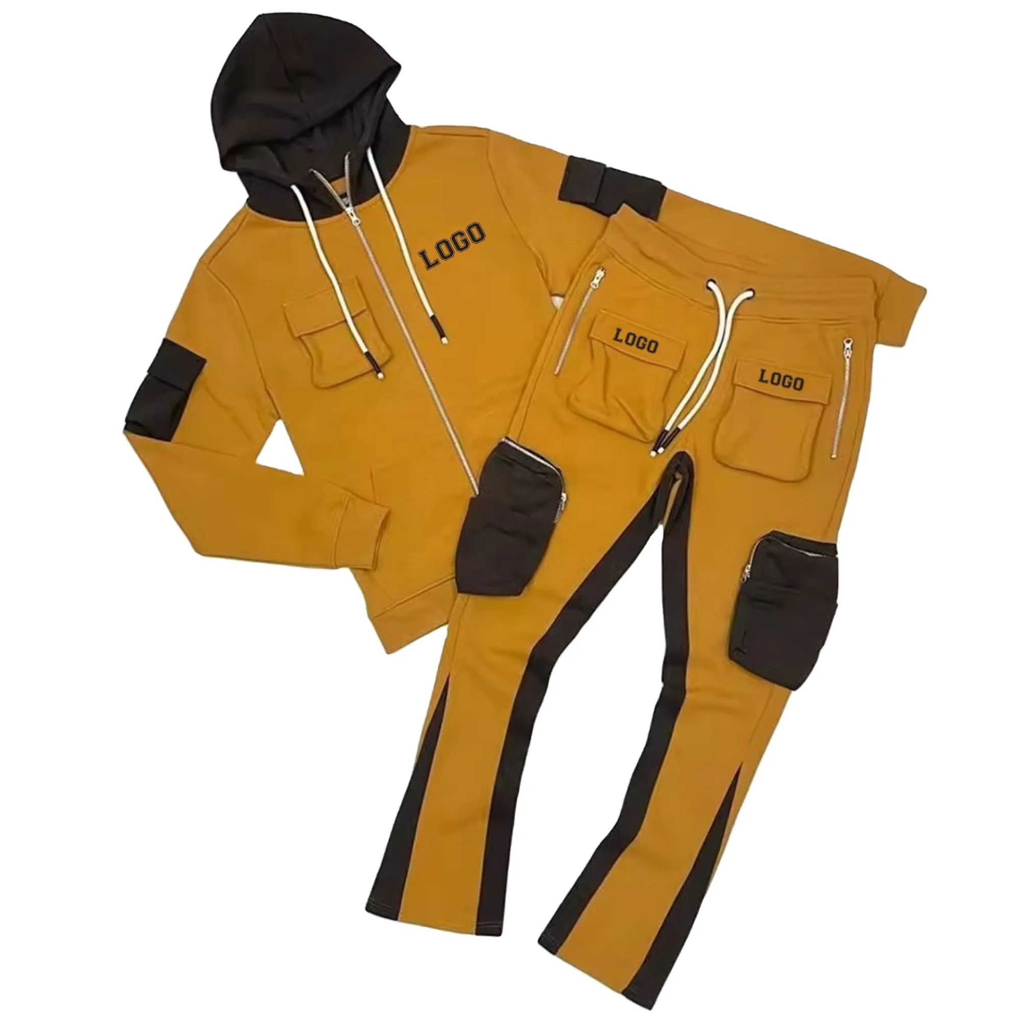 Tracksuit Luxury flared tracksuit Custom Embroidery Letters Zip Up Front Pocket Hoodie Color Block Hip Hop Streetwear Sweatsuits