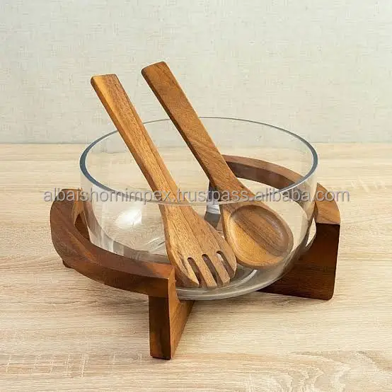 Acacia Luxury Serving Plate Glass Bowl Custom Size Large Wooden Salad Bowl with Stand Spoon Oven Safe Disposable Horn Material