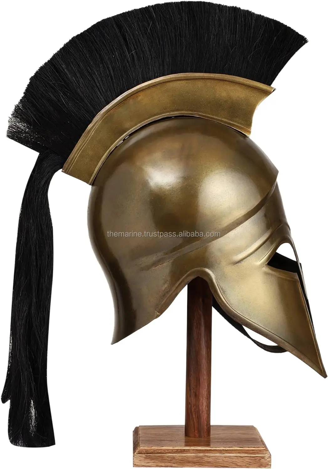Medieval Knight Spartan Greek Corinthian Helmet With Black Hair Plume & Wooden Stand  Halloween Party Costume For Adults .
