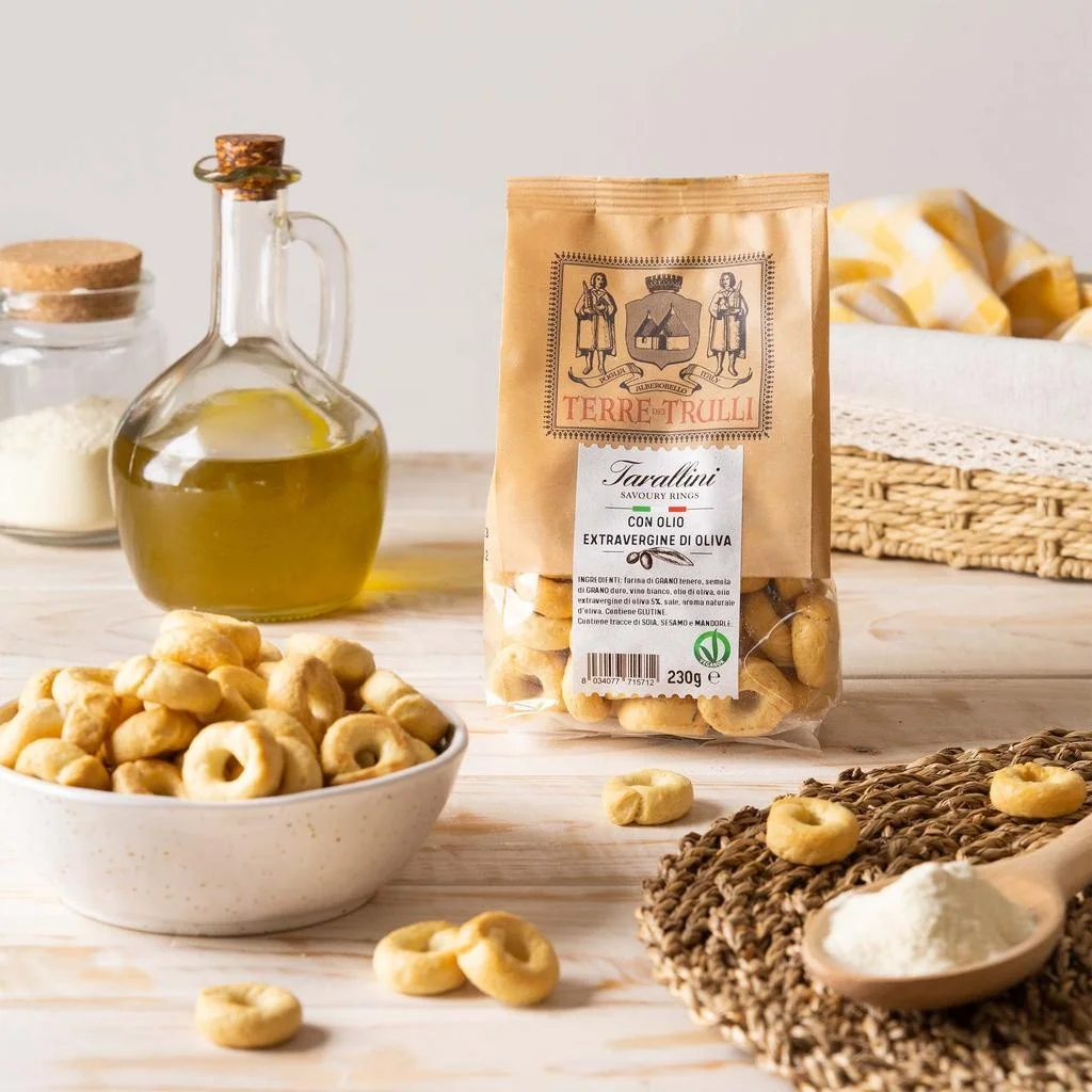 Taralli - Made in italy baked Grain snacks with Extra Virgin Olive Oil - 230g plastic pack - VEGAN