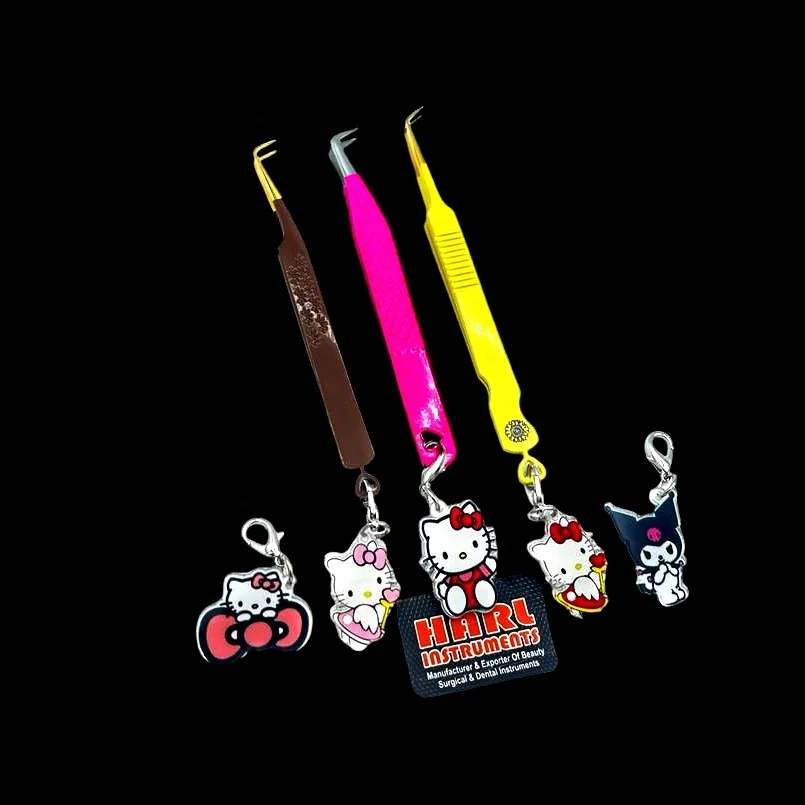 Lash Tweezer with Hello Kitty Keychains Heart Design Eyelash Extension Tweezer Fiber Tips Tweezers Eyelash Extension Supplies