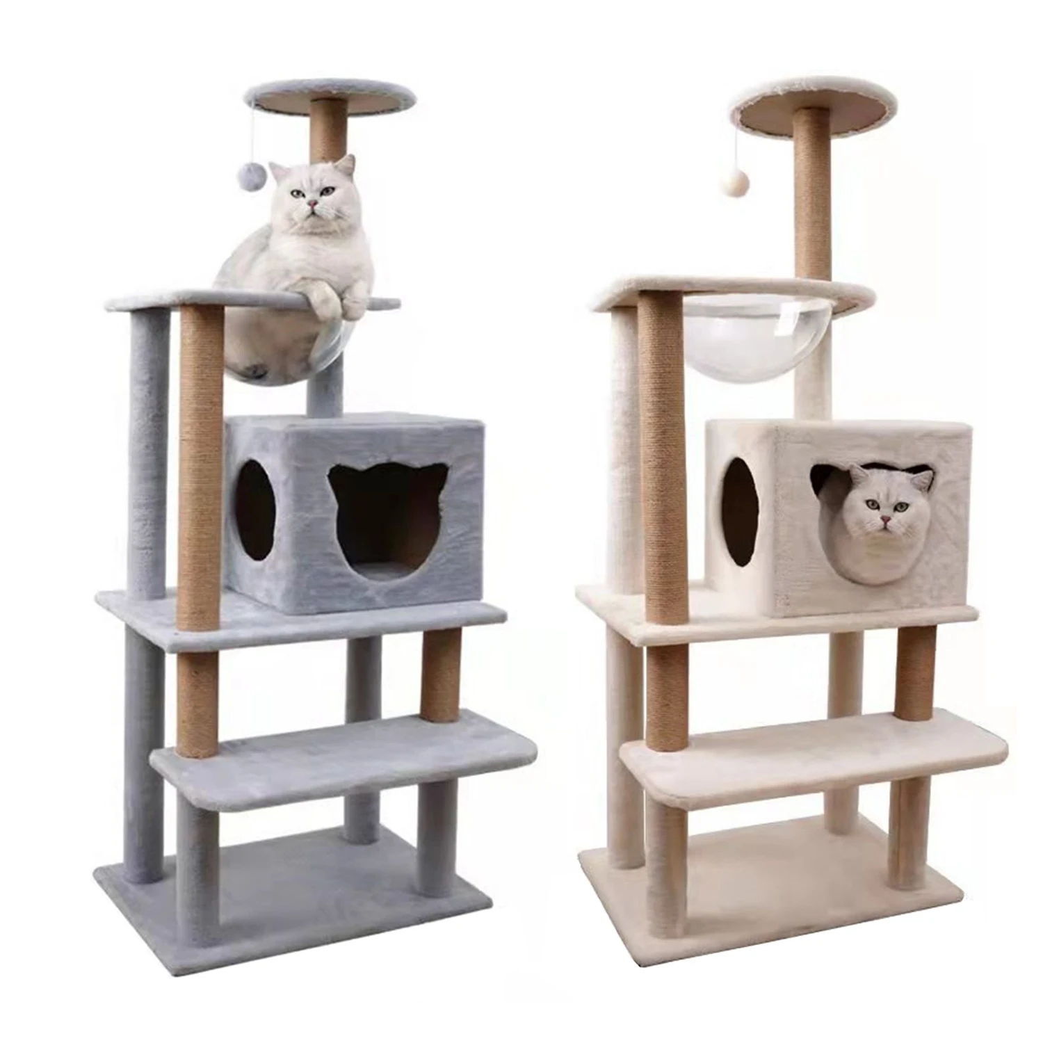 Gray beige color large wood multi level cat furniture scratching sisal post cat tree tower