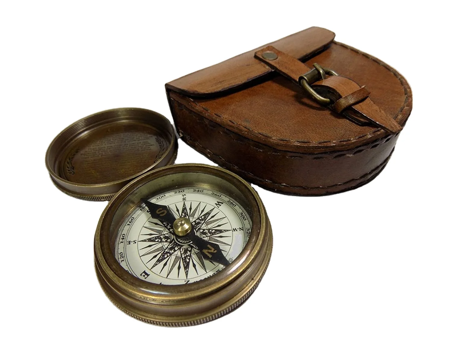 Antiqued Brass Poem Hiking Compass with Leather Case Collectible Usable Decorative