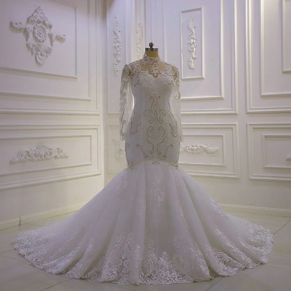 Jancember CJ065 Elegant Muslim Illusion High Neck Wedding Dresses Mermaids