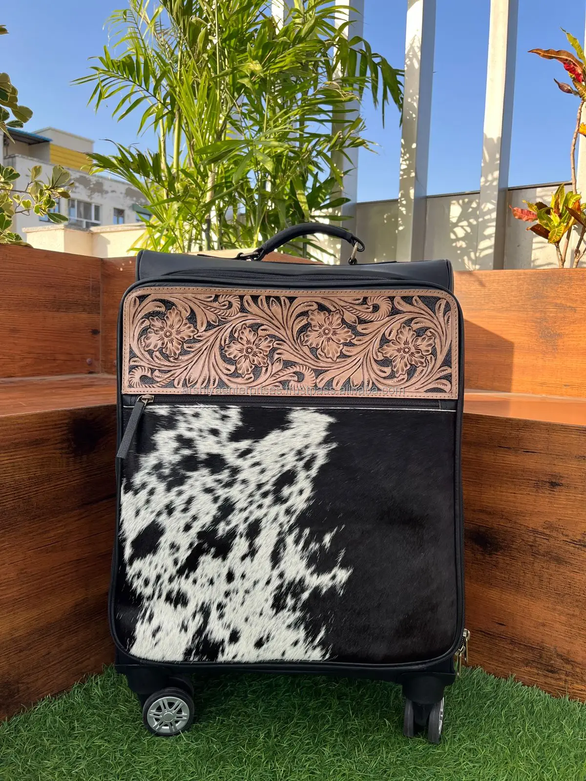Tooled Leather Travel Trolley Bag for Unisex Hair On Genuine Cow Leather Floral Carry On Luggage Durable Luxury Rolling Suitcase