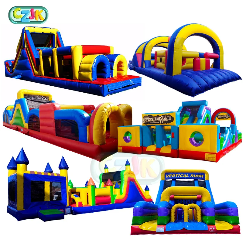 Red Yellow and Blue Inflatable Obstacle Course with Blower