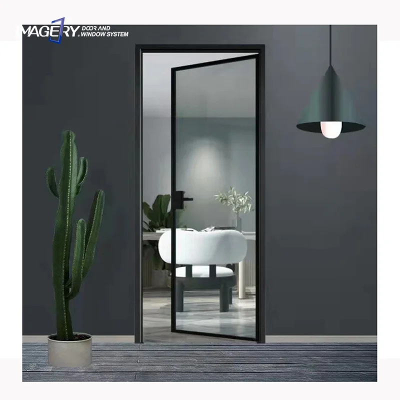 Imagery new product aluminum tempered glass narrow frame casement door bathroom door toilet door