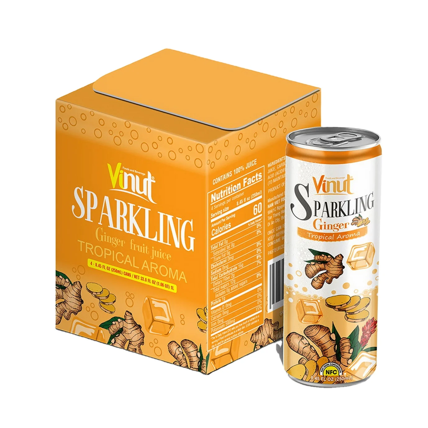 
250ml Tonic Soda Soft Drink Box 4 Cans Tropical Ginger Aroma 100% Nature OEM Customize Private label Beverage 