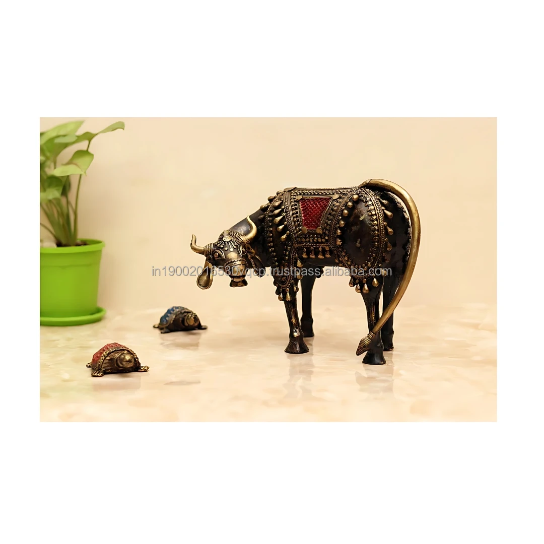 Tribal Pure Brass Goddess Art Cow Grazing Nandi Statue 8.5 x 6.5 Inch Multicolor Handcrafted Metal Cow Statue Home Decoration