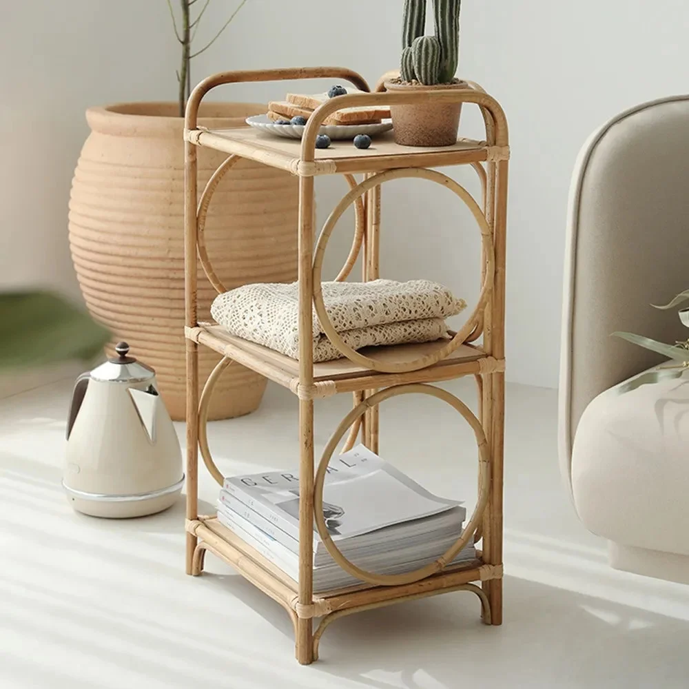 Оптовая продажа деревенский ротанга с 3-х уровневая деревянная полка постоянного ротанга книжная полка