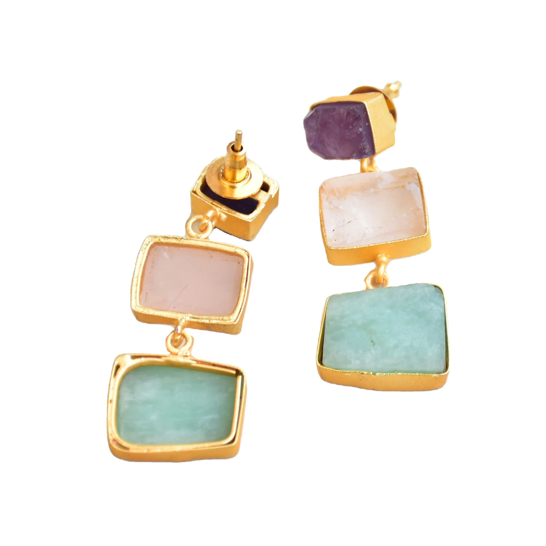 Semi-precious stone earrings Raw gemstone handmade jewelry suppliers trendy natural stone jewellery drop earrings Gold plated