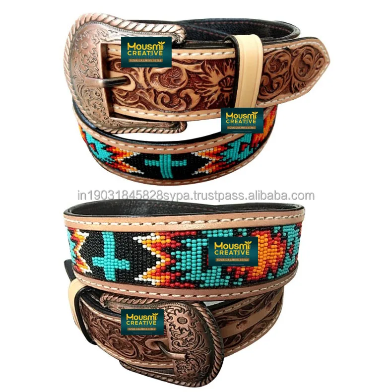 Best Quality Custom Beads Decorated Unisex Western Style Cowhide Leather Tooling Hand Carved Painted Men Ladies Fashionable