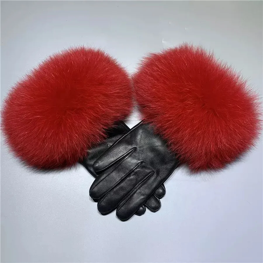 Wholesale Fashion girls Leather Gloves multi Driving/Dressing Touchscreen Lambskin Winter fur Gloves