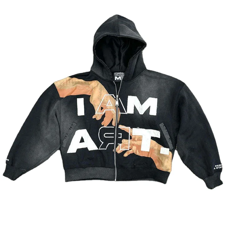 Unisex Custom Cotton 500gsm Heavyweight Hoodie Acid Wash Distressed Embroidery Applique Patch Zipper OEM Lining French Dye