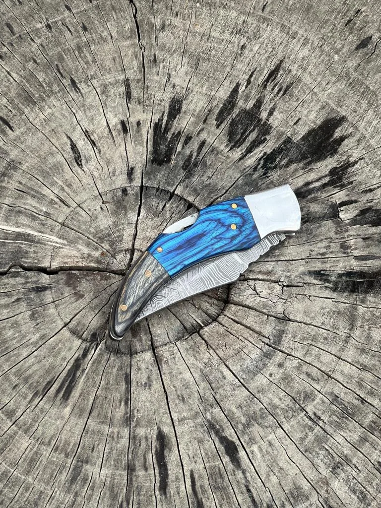 New Custom Handmade Damascus Steel Blade Back Lock Mechanism Folding Pocket Knife With Leather Case