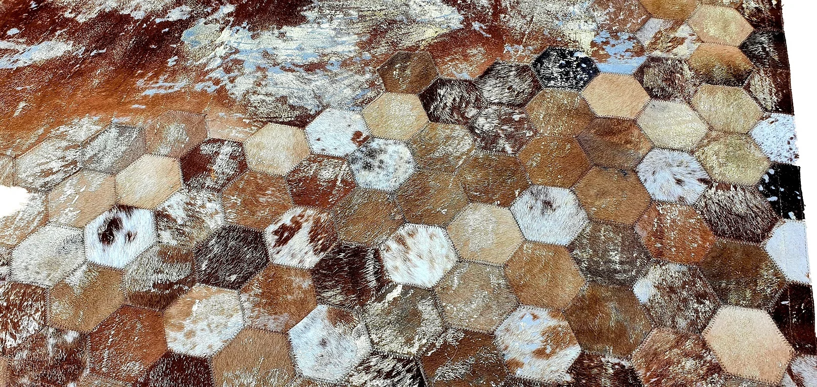 Acid washed cowhide  hairon area rug with foil Beehive design Patchwork cowhide gold devore rug and Handmade Carpets