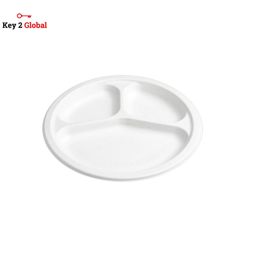 BPA Free Compostable 10 Inch Round Bagasse Plate Heavy Duty 3 Compartment Design Ideal for Catering and Parties