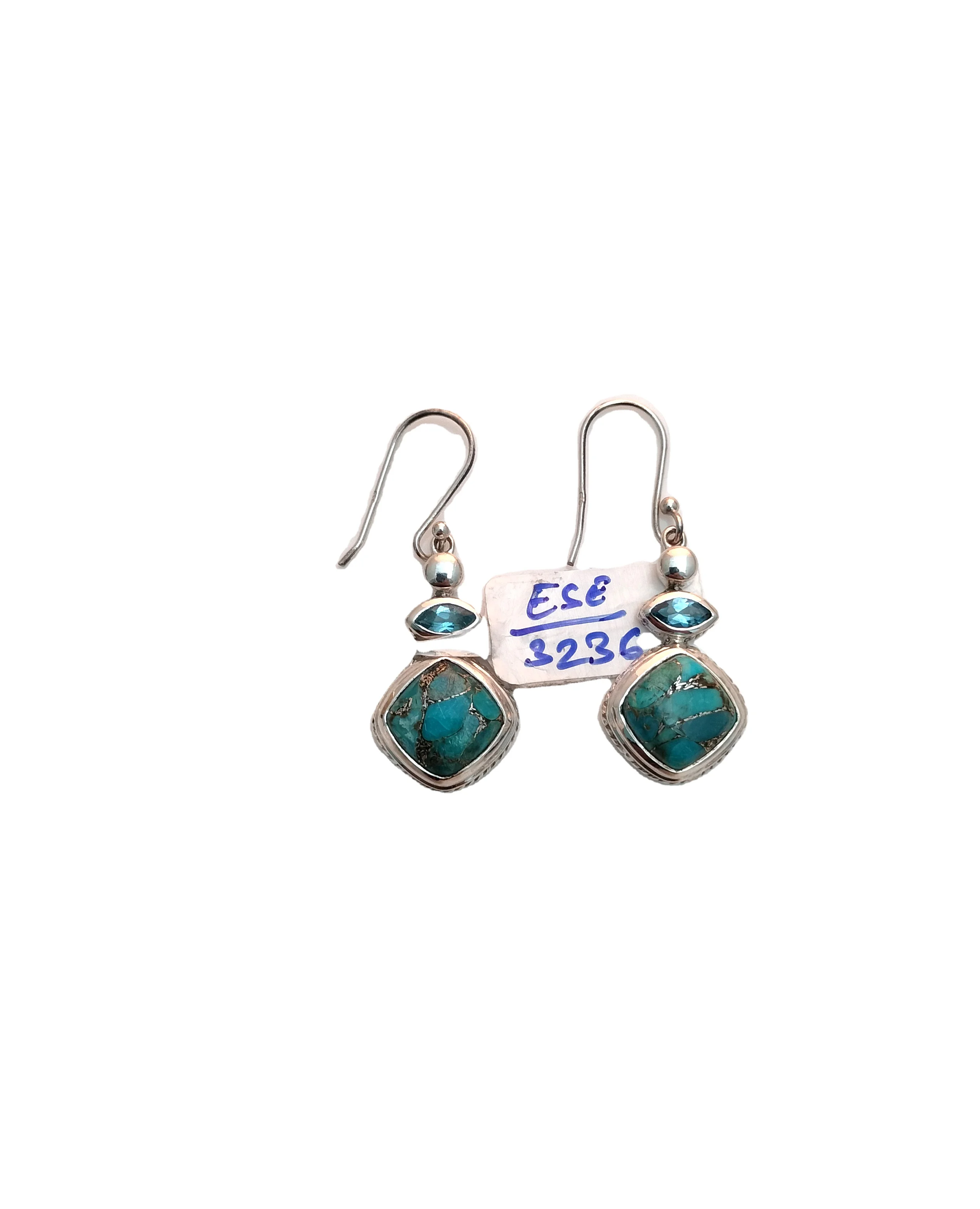 Popular Design Blue Copper Turquoise Cushion And Blue Topaz Marquise Gemstones Silver Earrings Jewelry Wholesale Online Earrings