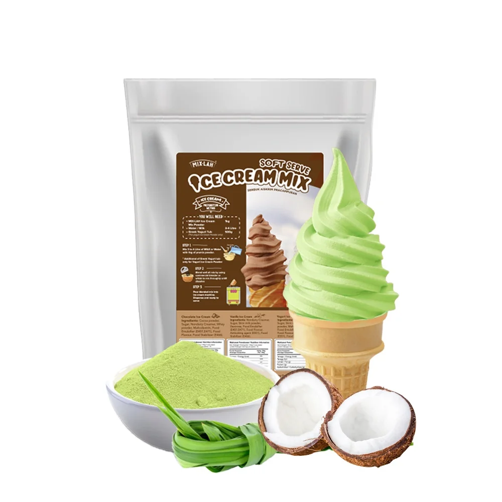 Pandan Coconut Soft Serve Mix Powder Mix Halal For Ice Cream Ingredients Vending Machine 1kg Malaysia Factory