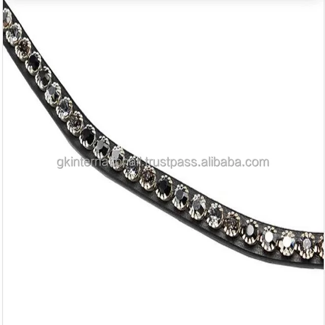 HIGH QUALITY EQUESTRIAN GENUINE LEATHER HORSE BROW BAND  WITH BLACK TRANSPARENT CRYSTAL CHAIN