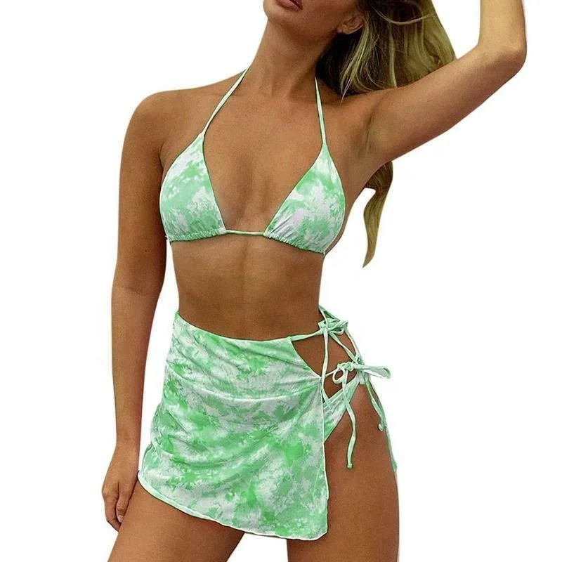 Women Sexy Tie-Dye 3pcs Bikini Set Green  Halter Triangle Swimsuit with Sarong Skirt Wholesale Multicolor Tie-Dye Bikini Set