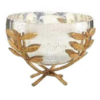 Best Quality Decorative glass bowl with metal leaf and stand Use For Home/ Kitchen Ware Decoration from India