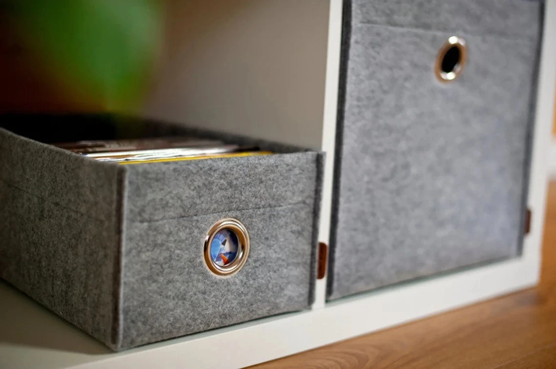 Upin OEM long storage basket gray CD organizer DVD felt storage box with metal circle