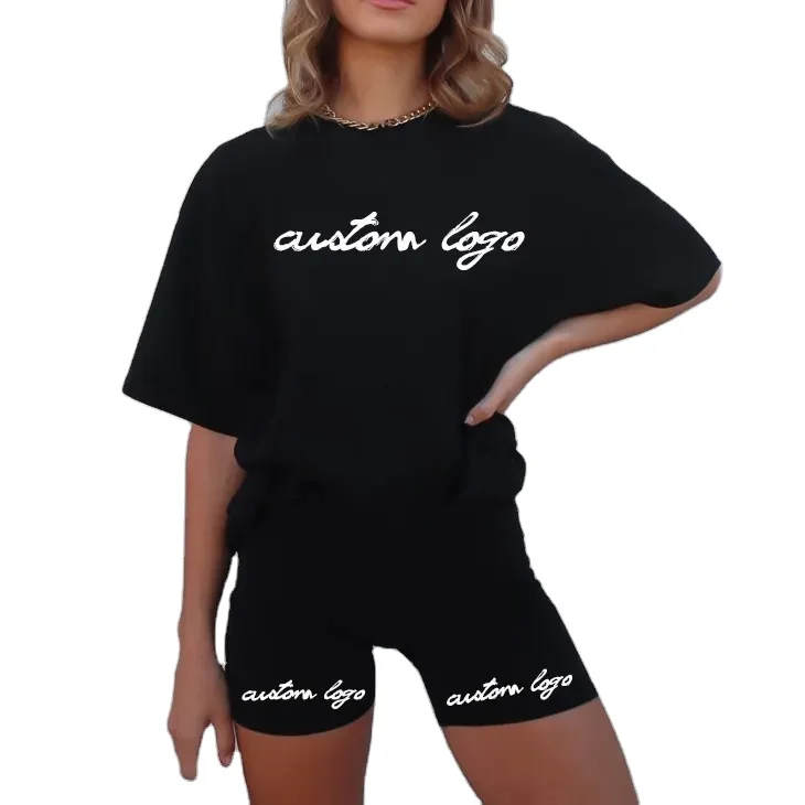 Womens Biker Short Set Tee Oversized Drop Shoulder T Shirt Cycling Shorts coton 2 Pieces Tracksuit Lady Streetwear Manufacturers
