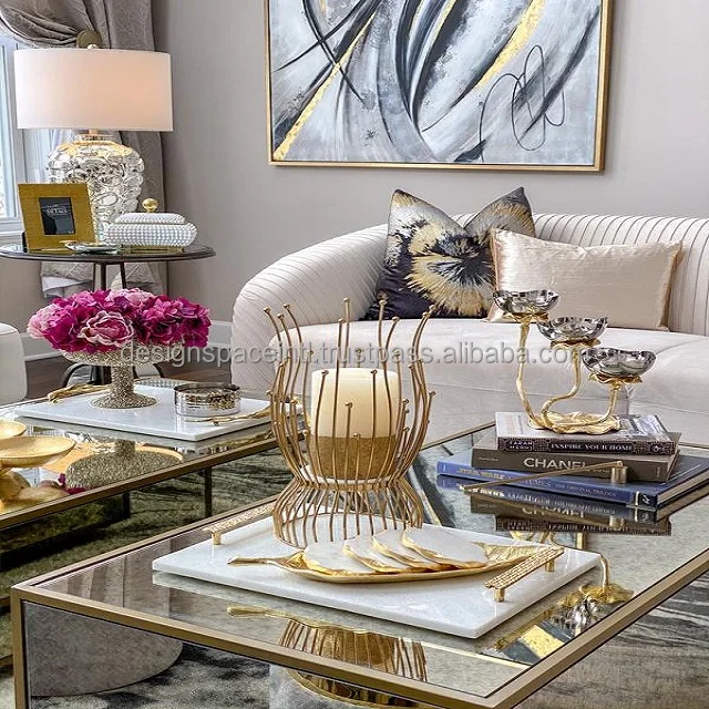 White Marble Serving Tray with Gold Mosaic Handles at best rate