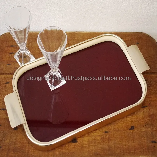 Glass Serving Tray with Metal Gold Outline and Handle at best rate