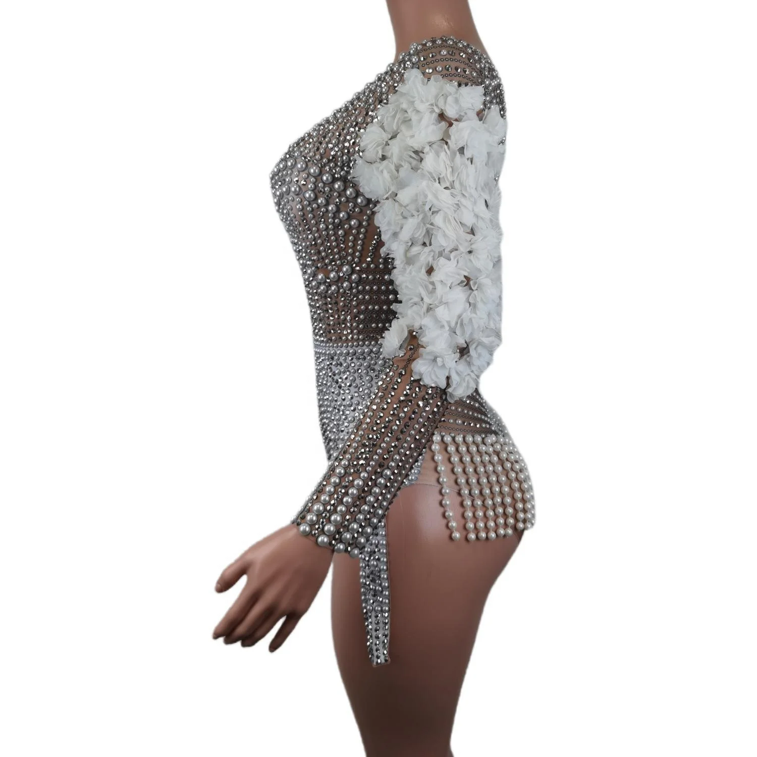 Sexy Performance Women Singer Leotard Stage Wear Beyonce Stretch Outfit Super Pearls Rhinestones Flower Playsuits