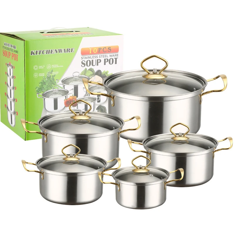 Home Cooking Stainless Steel 10pcs Cookware Set Golden Handle Custom Pots And Pans Cooking Pot Set