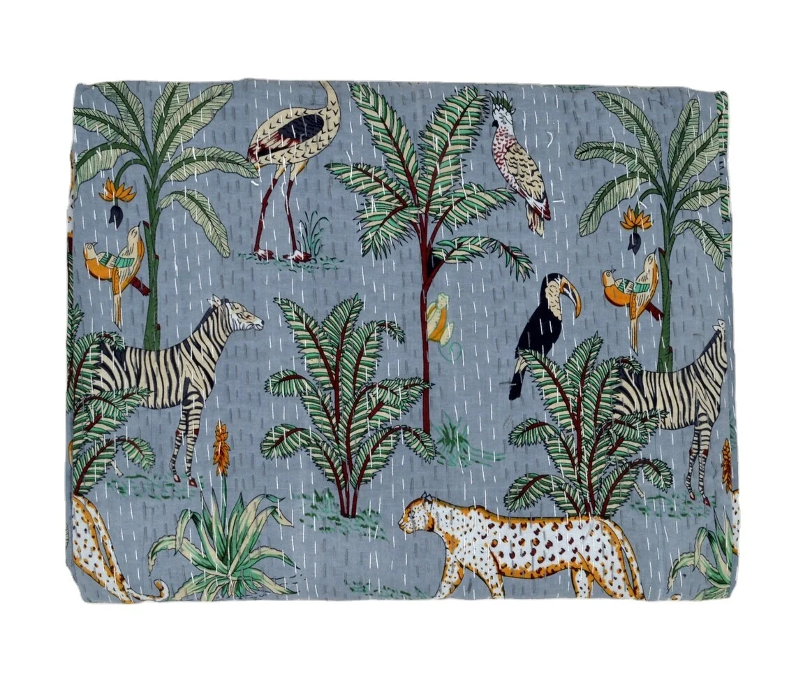 Kantha Quilt Indian Handmade Cotton Kantha Quilt Throw Living Reversible Kantha Bedspread Hand Block Tiger Print Throw Blankets
