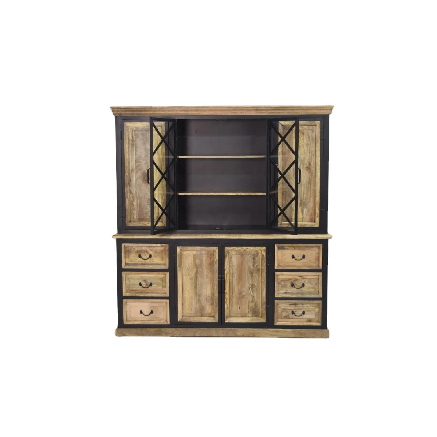 Solid Mango Wooden Iron Frame Glass Door Sliding Buffet Hutch Living Room Cabinet Showcase Storage Display Glass Doors