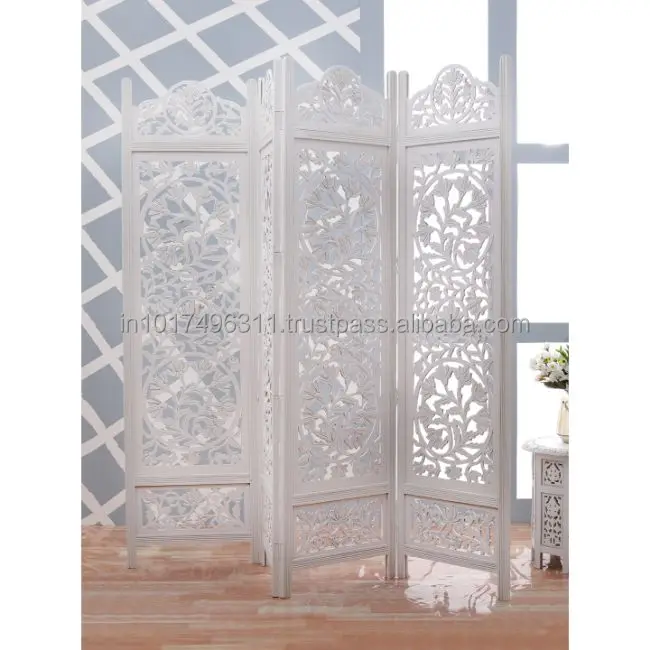 Handcrafted 4 Panel Wooden Room Partition & Divider ( White) Solid Wood Decorative Screen (Free Standing)