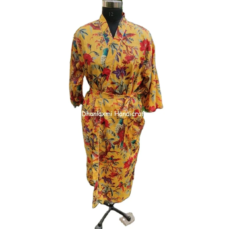 Длинное платье-кимоно в богемном стиле, с принтом в виде желтых птиц и цветов