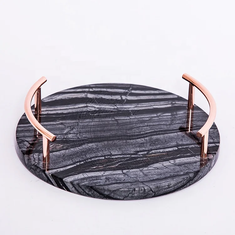 Storage Serving Tray Hotel Restaurant Marble Board Style Round Marble with OEM Metal Stone Sculpture 2021 New Home Black