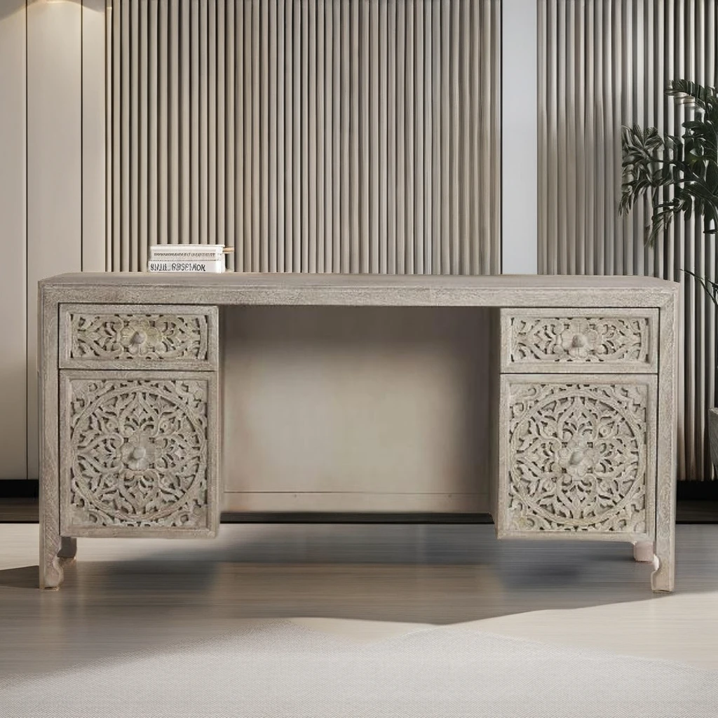 High Quality Strong Handmade Carved Wooden Indian Work Desk Premium Office Desks with Storage Drawers
