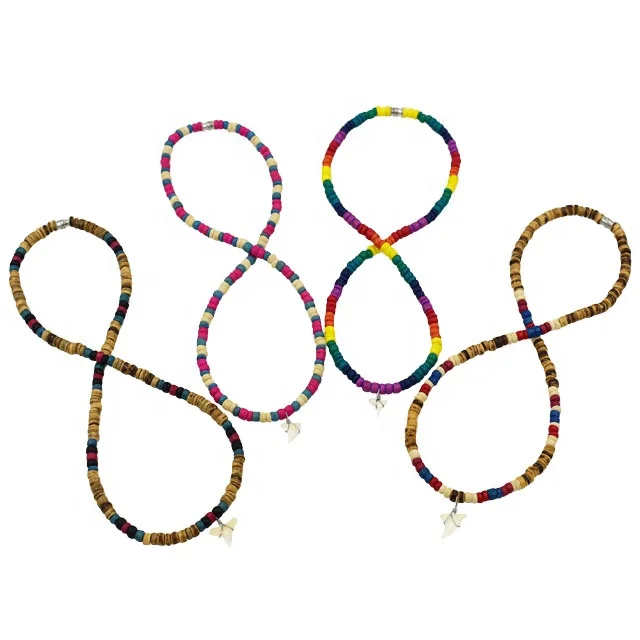 Bohemian Coconut  Shell Necklace Natural Colorful Bead Necklace With Real Shark Tooth Pendant Necklace