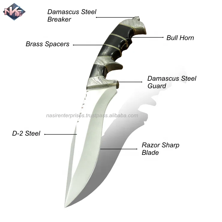Customise Hand Crafted Camping Knife D-2 Steel Knife with Bull Horn Handle and Cow Hide Leather Sheath