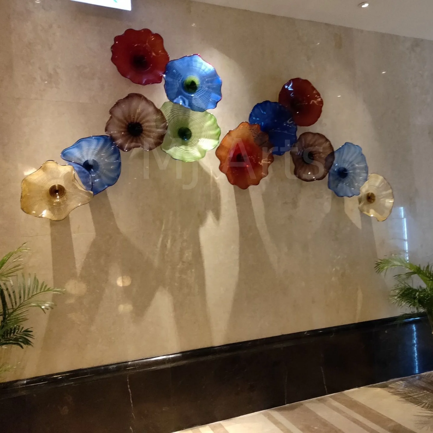 Lotus Flower Glass Plate Wall Art Decoration Handmade Master Carton Murano Glass Modern Custom Made Hand Blown Decorative Blue