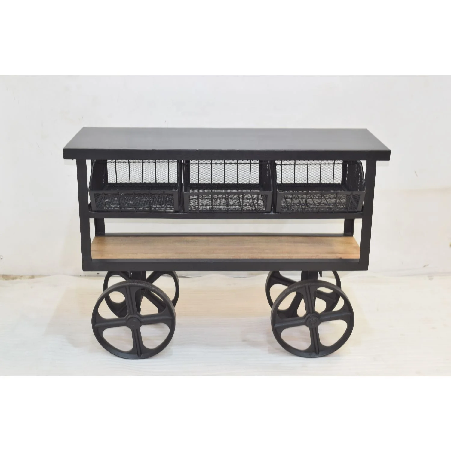 Iron Mesh 3 Bin Shelf 4 Cast Iron Wheels Industrial Retro Style Retail Store Display Storage Trolley
