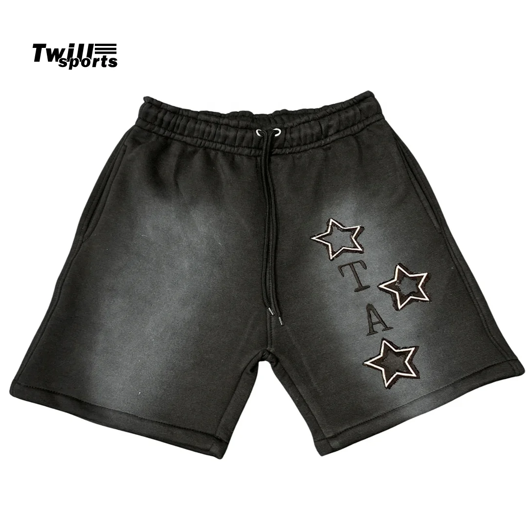 High quality in stock sunfaded sun faded acid wash vintage designer black men fleece cotton shorts
